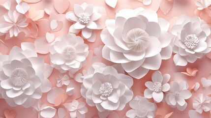 Canvas Print - 3D illustration of white paper flowers set against a soft blush floral background featuring heart motifs for a romantic theme