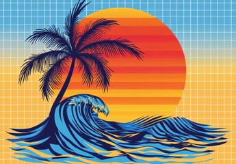 Fototapete - A glowing neon background template. This template is a combination of synthwave and retrowave elements. This template is influenced by retro video games, futuristic design, rave music, 80s computer