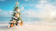 © Anastasia - A tropical beach features a decorated Christmas tree with shells and a star on top, capturing the essence of a festive holiday in a seaside setting