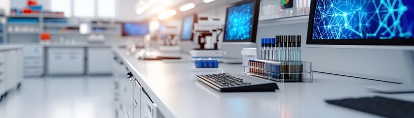 Poster - Modern laboratory workspace featuring computers, scientific equipment, and test tubes, ideal for research and innovation.