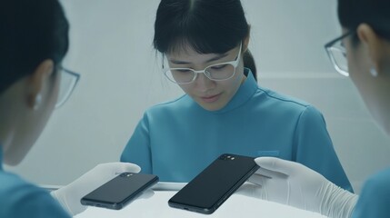 Poster - Female worker in blue work coat assembling Printed Circuit Boards for smartphones. Electronics Factory Worker in High Tech Factory.