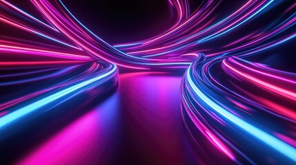 Wall Mural - 3D rendering of an abstract neon wallpaper featuring vibrant dynamic lines against a dark background showcasing illuminating light trails and glowing ribbons