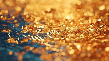 Poster - A mesmerizing close-up image of shimmering gold flakes reflecting light on a blue surface, creating a stunning visual effect.