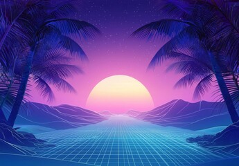 Fototapete - Moody synthwave background template with palm trees, sun, and space. Retro design with rave music, 80s computer graphics and sci-fi theme.