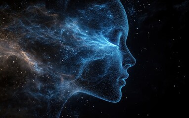Poster - Abstract Blue and Gold Stardust Profile of a Woman's Face on a Black Background