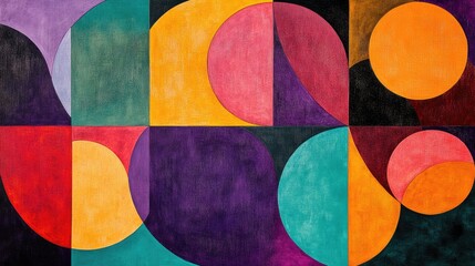 Poster - Abstract design showcasing overlapping circles and squares in vibrant colors resulting in a harmonious geometric composition