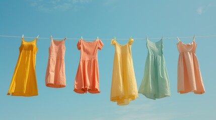 Colorful dresses hang on a clothes line beneath a clear blue sky