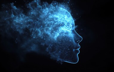 Poster - Abstract Digital Portrait of a Woman's Face Made of Blue Light and Particles on a Black Background.