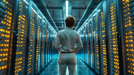 Poster - In a Data Center, a Male IT Specialist Stands Along a Row of Operational Server Racks, Checking Normal Functionality. Modern High Tech Telecommunication Operational Data Center.