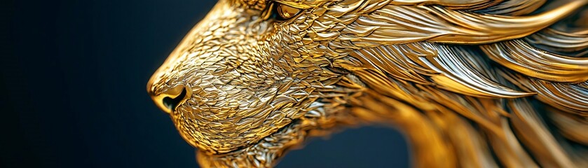 Close-up of a golden lion sculpture showcasing intricate details and a majestic appearance against a dark background.