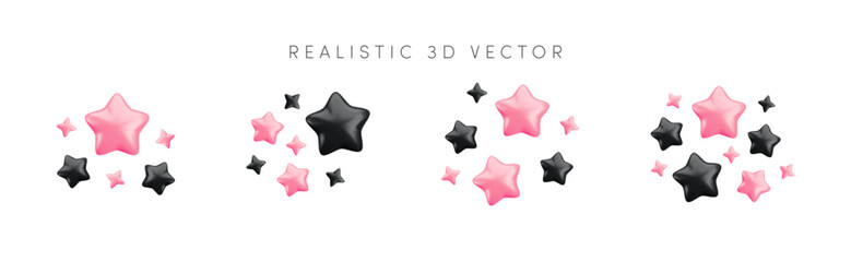 Wall Mural - Vector 3d pink and black sparkling star collection on white background. Cute realistic cartoon 3d render, color sparkle shining stars illustration set for magic decoration, game, app, design, nursery.