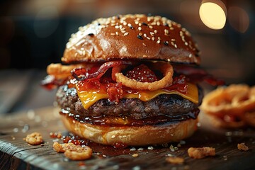 Wall Mural - Juicy Burger with Bacon and Onion Rings