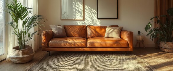 Wall Mural - serene scandinavianinspired living room minimalist leather sofa anchoring airy space natural textures and muted palette