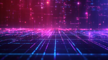 Poster - Abstract Digital Grid with Pink and Blue Glowing Lines and Bokeh Lights.