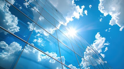 Transparent glass window tile showcasing a blue sky, white clouds, and sunlight, set in a modern office.