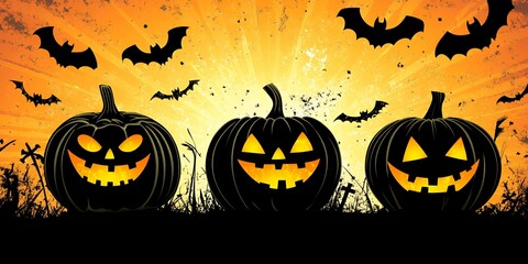 Poster - Three jack-o'-lanterns smile against an orange background.