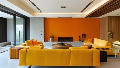 Wall Mural - Vibrant Modern Living Room Featuring a Yellow Sofa Against Bold Orange Walls