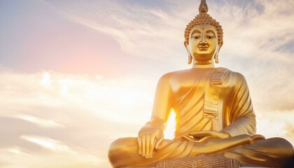 A peaceful golden statue of a Buddha with a serene face, symbolizing spirituality and meditation in Thai Buddhist culture