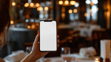 woman's hand holding using smart phone with white blank screen at fall coffee shop, mobile app design and advertising, online marketing