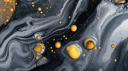 Poster - Contemporary hues featuring flowing gray and black paint intertwined with yellow bubble drops Abstract marble effect texture in fluid art style