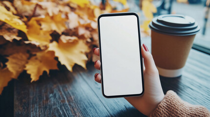 woman's hand holding using smart phone with white blank screen at fall coffee shop, mobile app design and advertising, online marketing