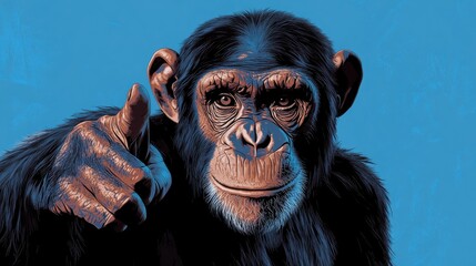 Wall Mural - A serious chimpanzee points with its finger illustration featuring a blue background