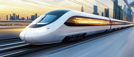 A sleek, modern high-speed train glides along tracks, with a vibrant skyline and sunset in the background, symbolizing progress in transportation.