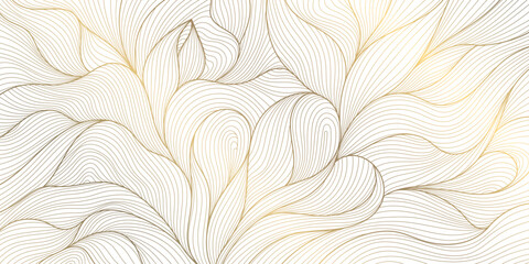 Wall Mural - vector gold on white leaf pattern, line abstract plant design, floral art deco graphic. nature japan