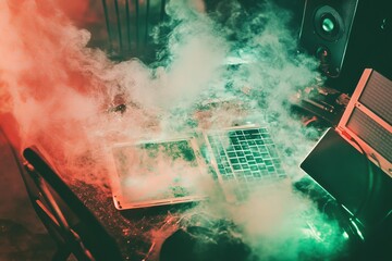 Poster - An illustration of a computer, tablet, and laptop on a desk with many expensive electronic gadgets. Neo neon technology concept. Stock photo.
