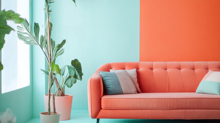 vibrant coral sofa contrasts beautifully with mint green walls, creating playful and inviting atmosphere. stylish plant adds touch of nature to modern decor