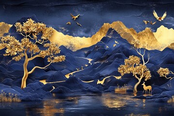 Aufkleber - Christmas tree, mountain, deer, birds, and waves of gold, on a dark blue backdrop depicting a jungle or forest, from the contemporary era.