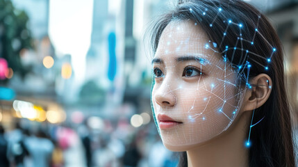 Wall Mural - image depicts woman with digital overlay of interconnected lines and nodes on her face, symbolizing technology and innovation in urban environments. This representation highlights intersection of