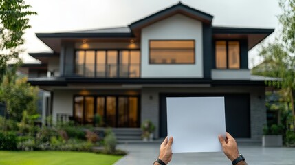 A person holds a blank sheet of paper in front of a modern house with large windows and a landscaped yard.