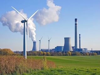 A landscape featuring wind turbines beside a power plant, showcasing contrasting renewable and non-renewable energy sources against a blue sky.