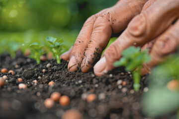 Close-up of hands planting seeds in the soil. It symbolizes growth and new beginnings.