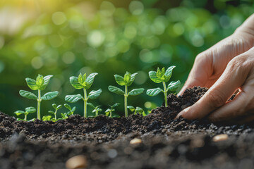 Close-up of hands planting seeds in the soil. It symbolizes growth and new beginnings.