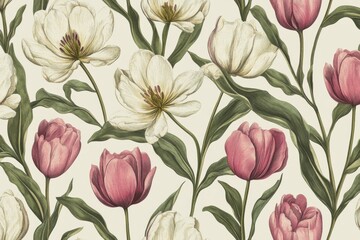 Poster - This watercolor pattern shows peonies in soft colors with green leaves, on a light background, in a floral style, with a floral vintage feel.