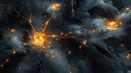 Fototapete - Glowing fragments amidst gray neurons