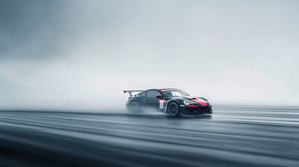 Race Car in Motion on Wet Track