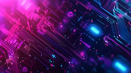 Poster - Abstract Neon Glowing Circuit Board with Pink and Blue Lines