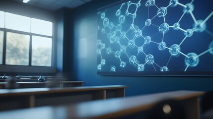 Poster - blue molecular network displayed in empty classroom