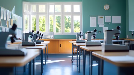 Poster - Empty Science Classroom with Microscopes and Desks