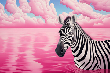 Zebra standing in pink water with a pastel pink sky and cotton curled clouds horizon background. Creative African wildlife animal concept. Contemporary animal background or surreal commercial banner.