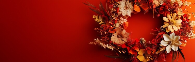 Wall Mural - wreath made out of automn dried leaves and flowers isolated on dark red background