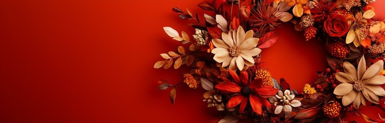 Wall Mural - wreath made out of automn dried leaves and flowers isolated on dark red background