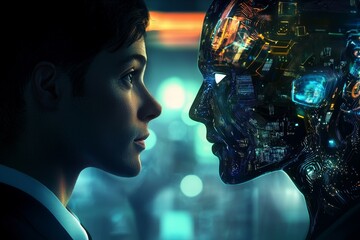 Poster - This image shows a generative AI robot interacting with a businessman in order to represent the future of work