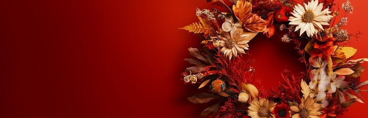 Canvas Print - wreath made out of automn dried leaves and flowers isolated on dark red background