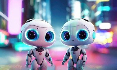 Poster - cute little robot couple friends