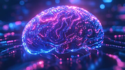 Poster - Abstract Neon Brain - AI, Artificial Intelligence, Neural Network, Digital Brain, Technology Concept