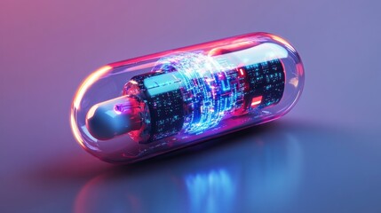 Wall Mural - A glowing, transparent capsule filled with a microchip. The capsule is illuminated with neon pink and blue light, creating a futuristic, sci-fi aesthetic.